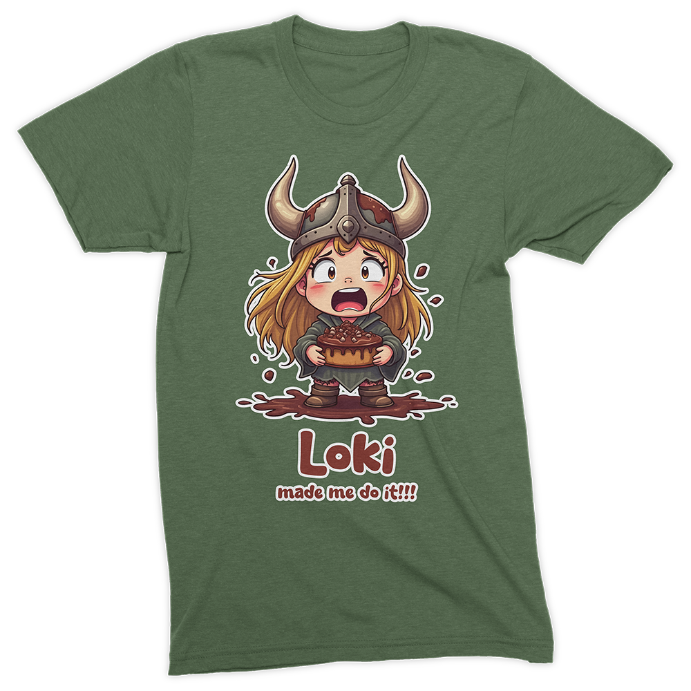 An image of a Tee with a print of a Viking girl holding a chocolate cake. An image of a Tee with a print of a Viking girl holding a chocolate cake.