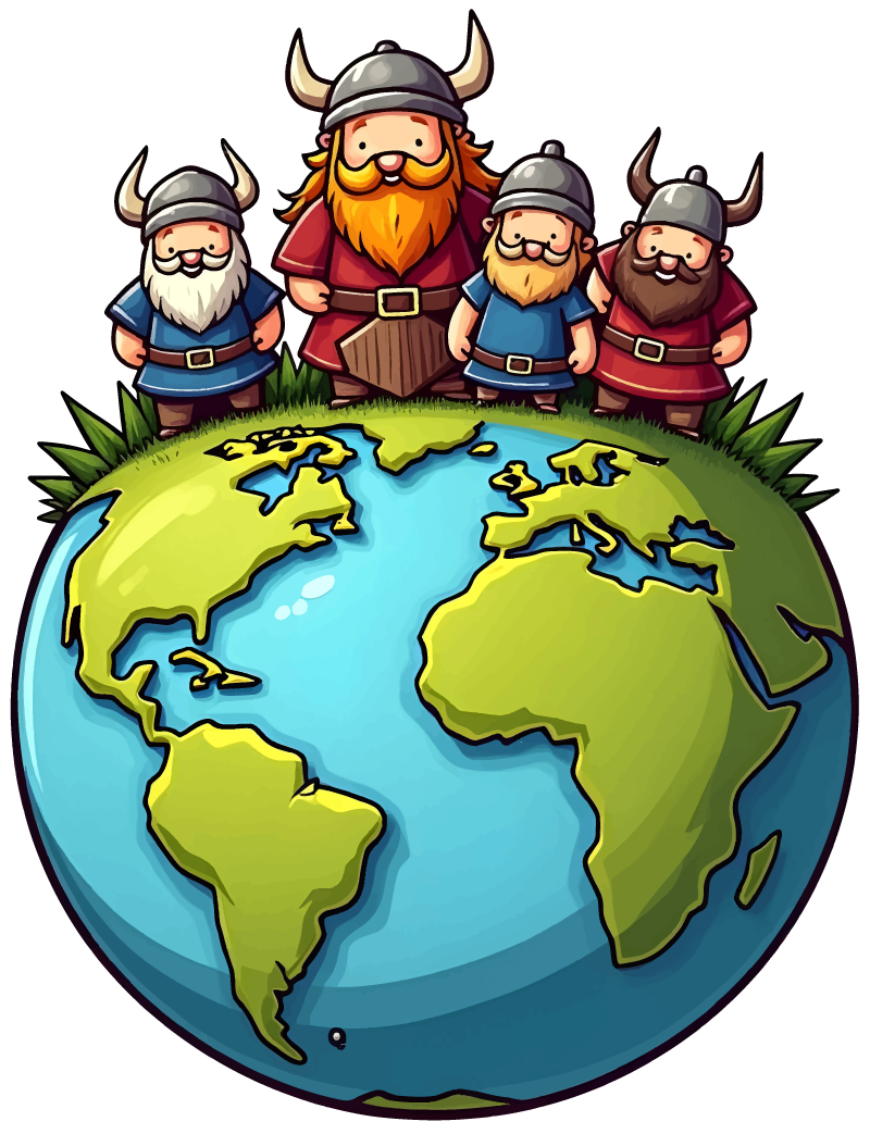 An image of four Vikings stand on top of the Midgard. Earth is represented by a globe of planet Earth