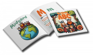 The Viking ABC, an image of the book open at the page: M is for Midgard. The Viking ABC, an image of the book open at the page: M is for Midgard.