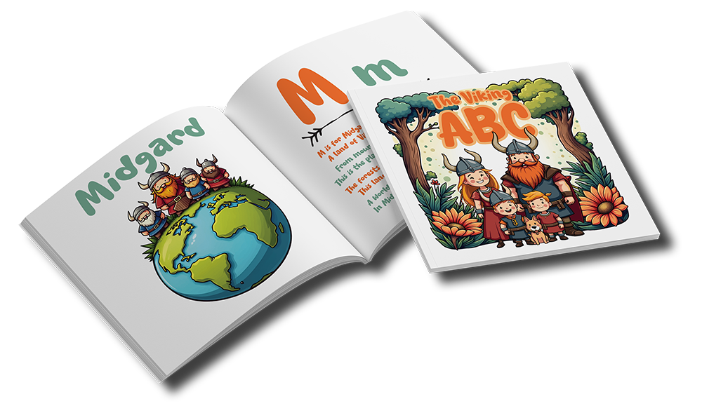 The Viking ABC, an image of the book open at the page: M is for Midgard. The Viking ABC, an image of the book open at the page: M is for Midgard.