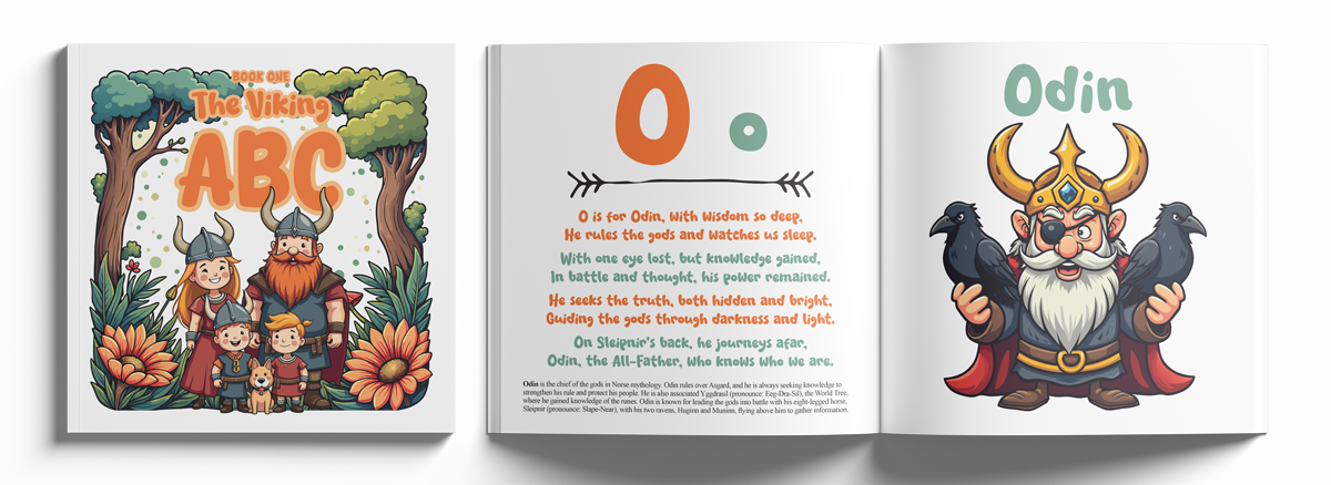 The Viking ABC - Image of front cover and the pages O for Odin.