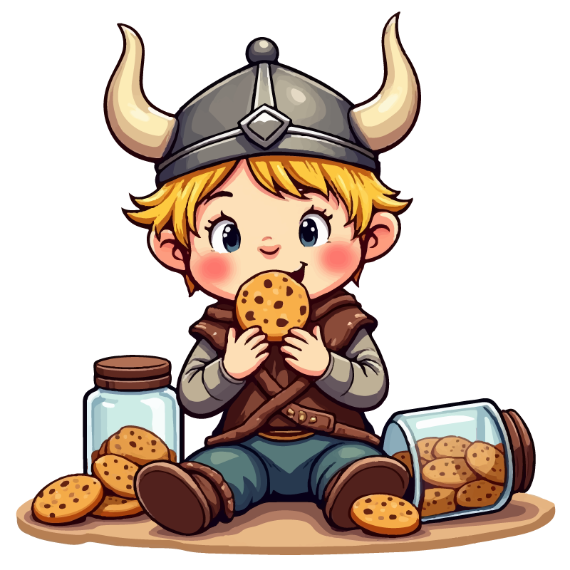 A small Viking male child wearing a Viking helmet and eating Honey Oatcakes.