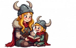 A Viking woman reading The Viking ABC book to a Viking child.