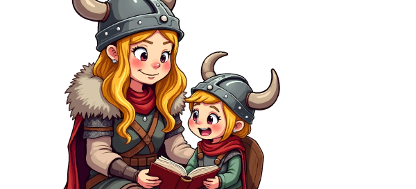 A Viking woman reading The Viking ABC book to a Viking child.