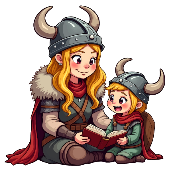 A Viking woman reading The Viking ABC book to a Viking child.