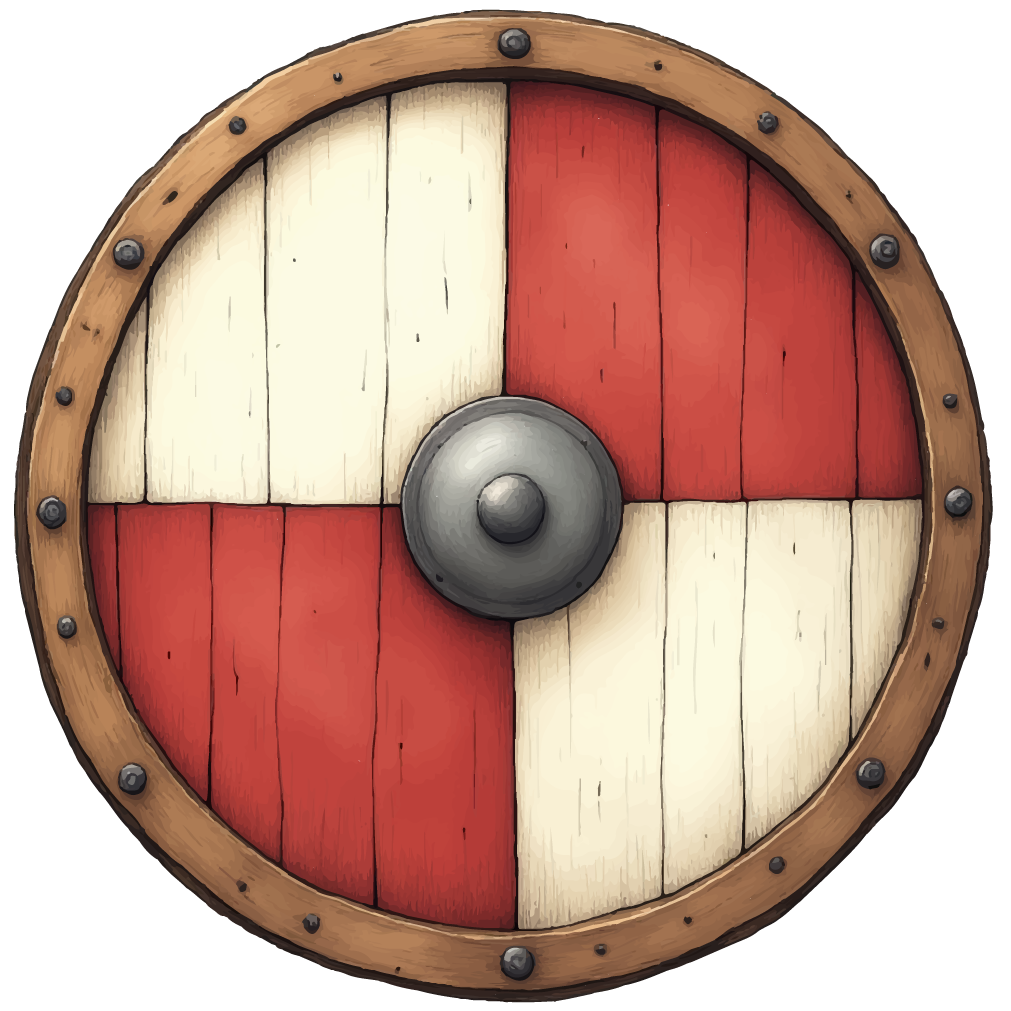 A wooden Viking shield, with a red and white painted quarter motif. It has a wooden rim and iron center.