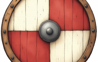 A drawing of a Viking Shield with a Red and White Motif.