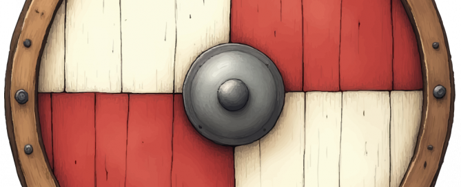 A drawing of a Viking Shield with a Red and White Motif.