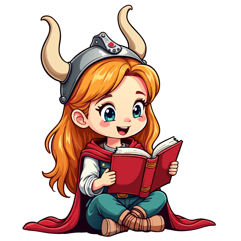A Viking girl reading a book and learning.